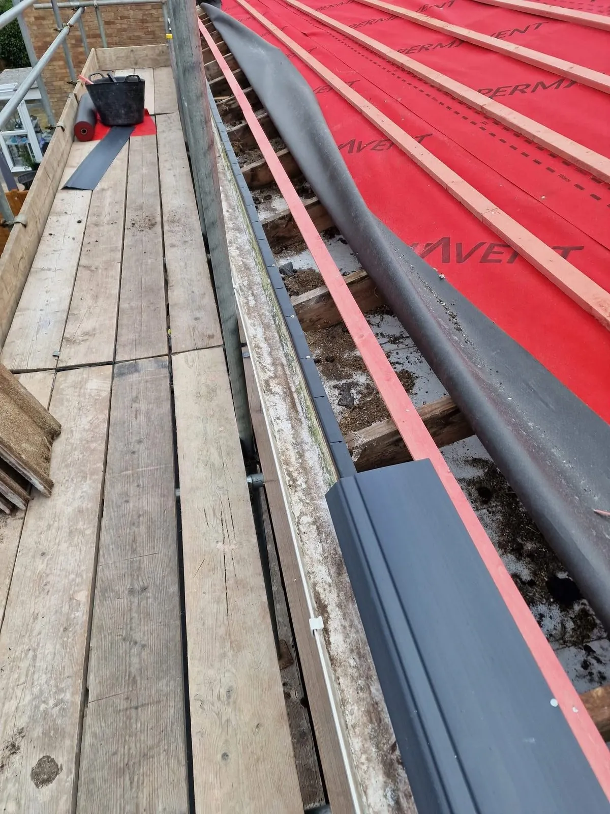 Breathable membrane and battens fitted during a re-roof in Crediton